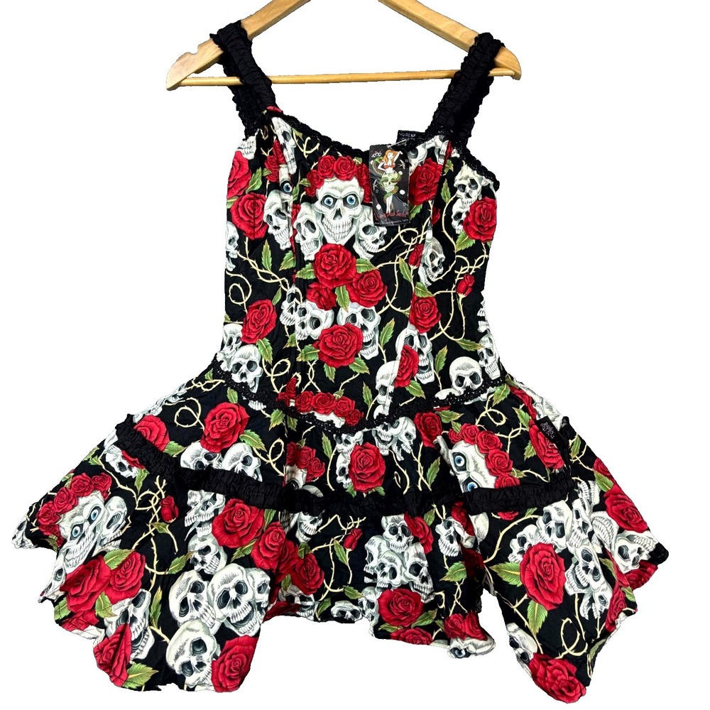 Living Dead Souls Skull Roses Corset Dress Women XL Red Black Romantic Gothic 90